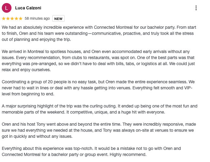 Five-star Google review from Luca Calzoni about the Connected Montréal bachelor party weekend